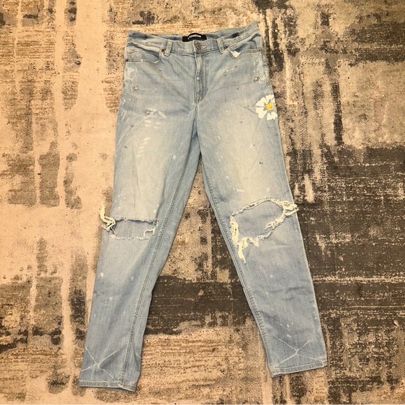 Express Boyfriend High Rise Jeans, Distressed and Embellished - Picture 2 of 6